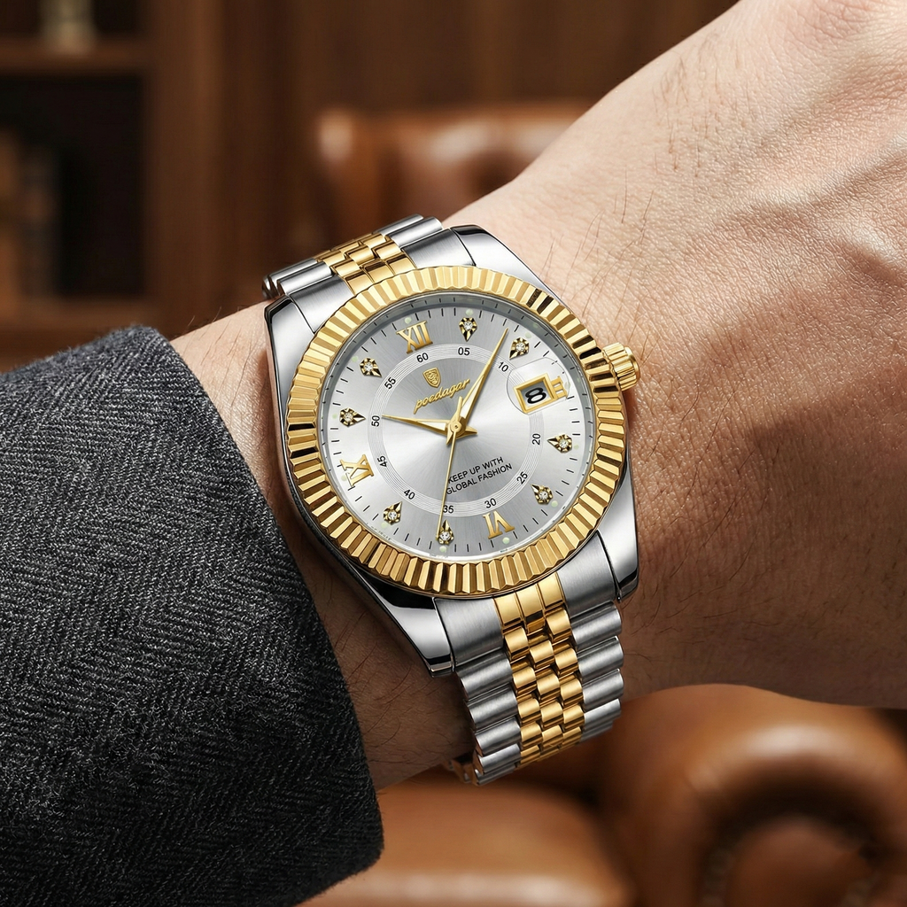 Reloj de lujo premium - tono blanco y acero dorado