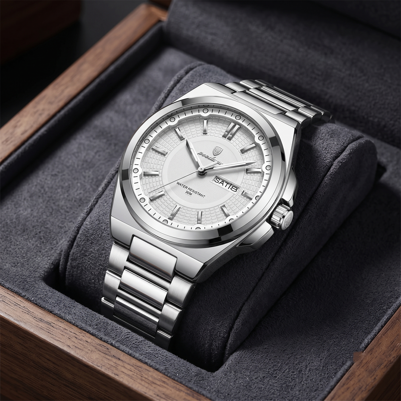 Reloj premium deportivo - tono acero y blanco