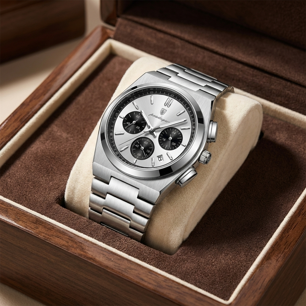 Reloj ejecutivo cronografo - tono negro y acero panda