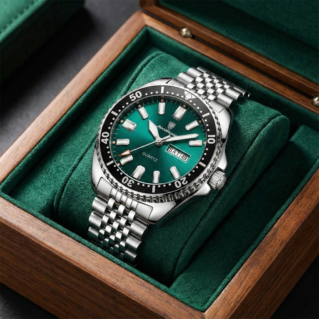 Reloj premiun de lujo - esmeralda y plata