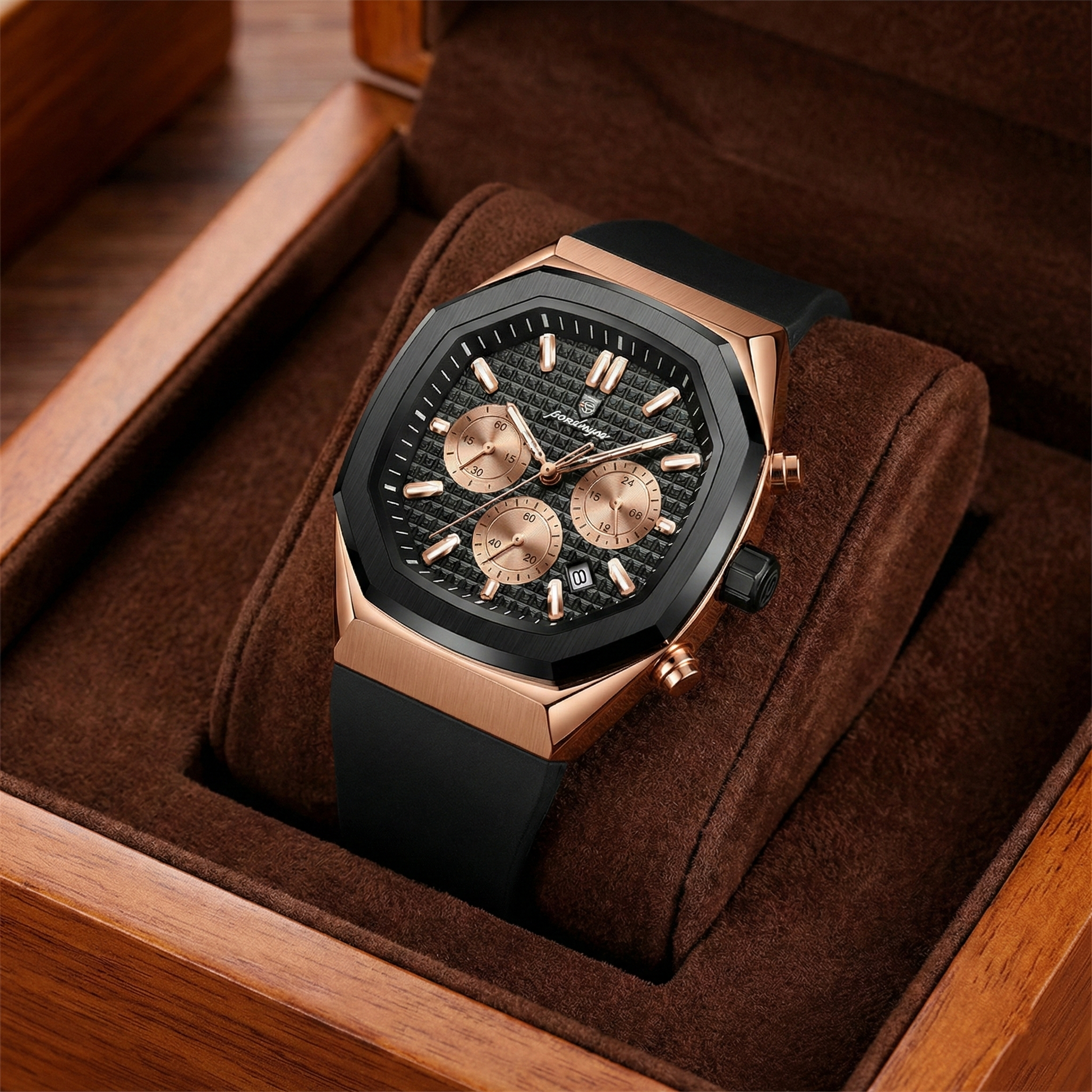 Reloj cronografo deportivo - tono negro y rose gold