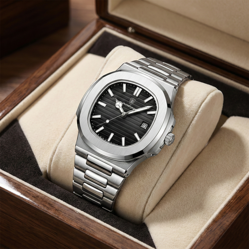 Reloj Minimalista Negro y Acero para Hombre | Estilo Nautilus