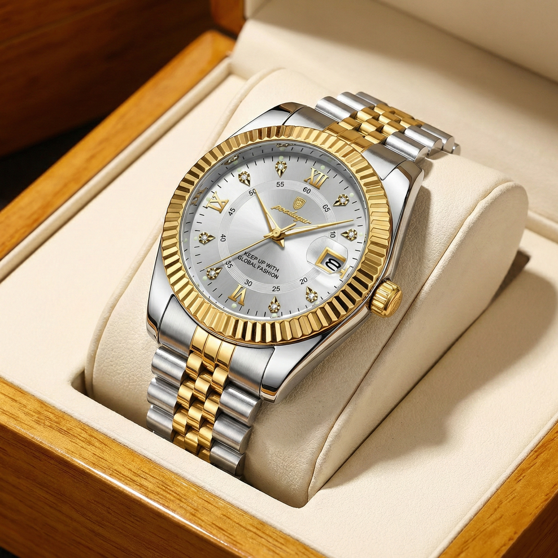 Reloj de lujo premium - tono blanco y acero dorado