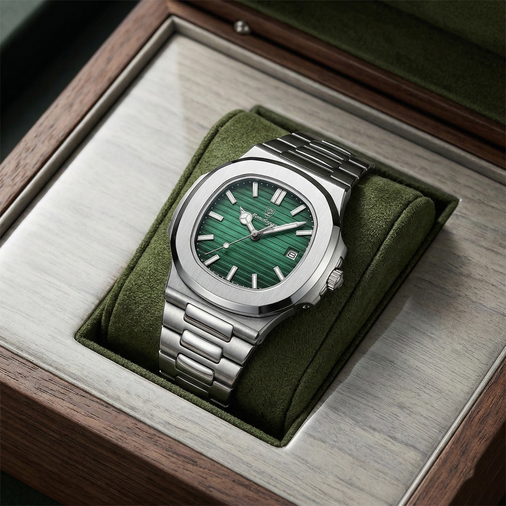 Reloj de lujo minimalista – Tono verde y acero - nautilus inspired