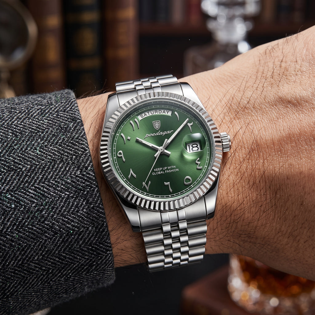 Reloj de lujo premium - tono acero y verde arabic - Rolex daydate inspired