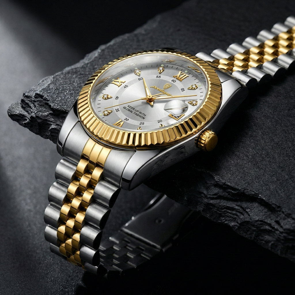 Reloj de lujo premium - tono blanco y acero dorado