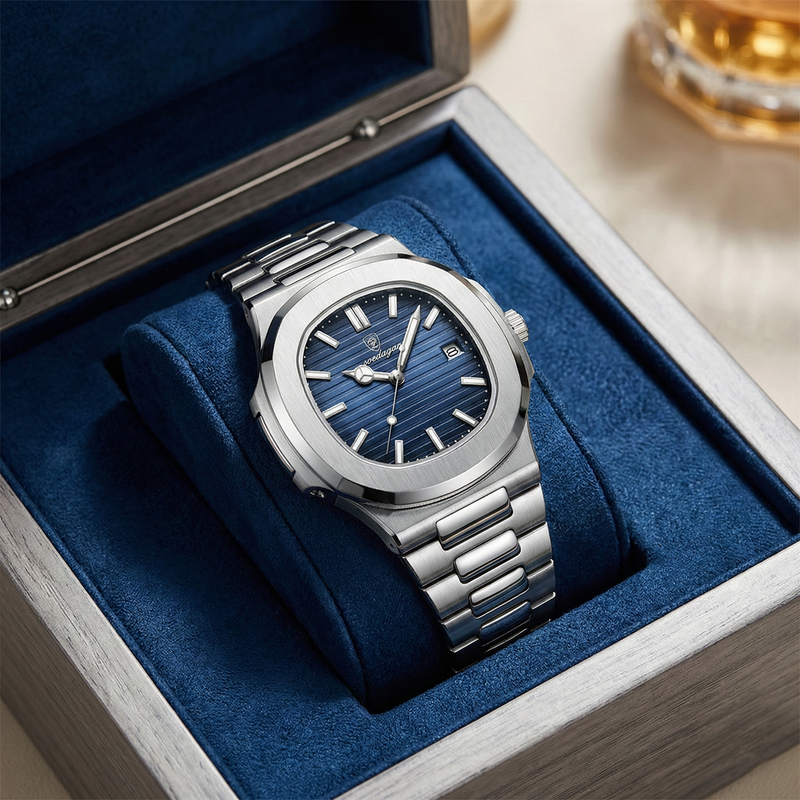 Reloj de lujo minimalista – Tono azul y acero - nautilus inspired