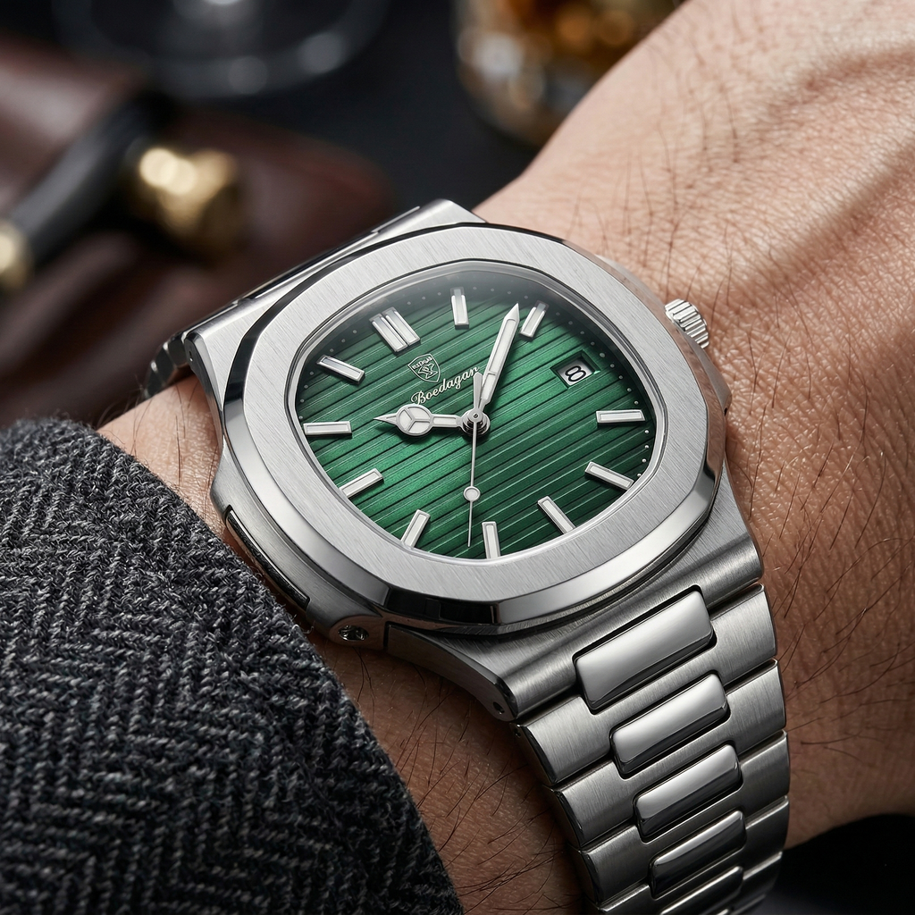 Reloj de lujo minimalista – Tono verde y acero - nautilus inspired