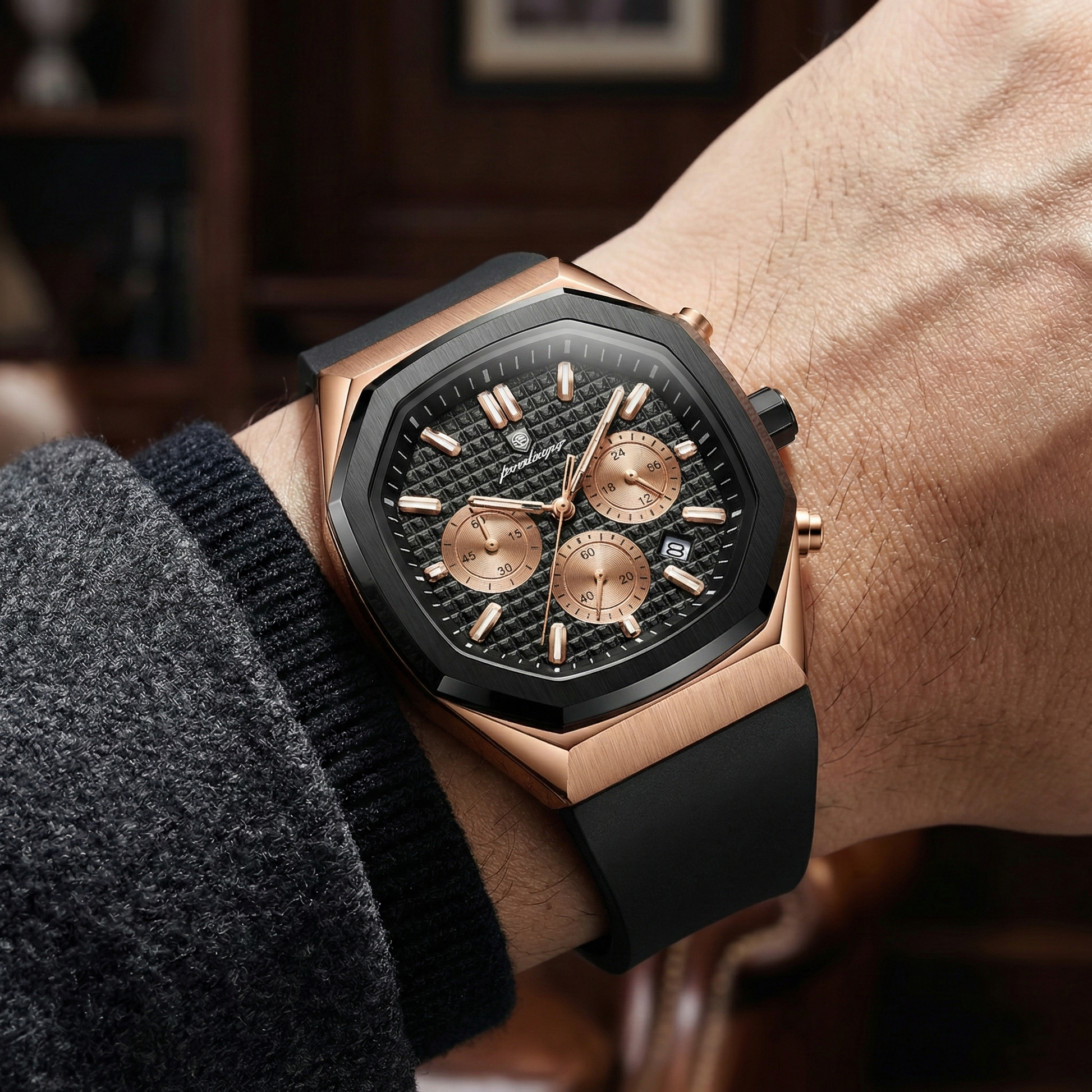 Reloj cronografo deportivo - tono negro y rose gold