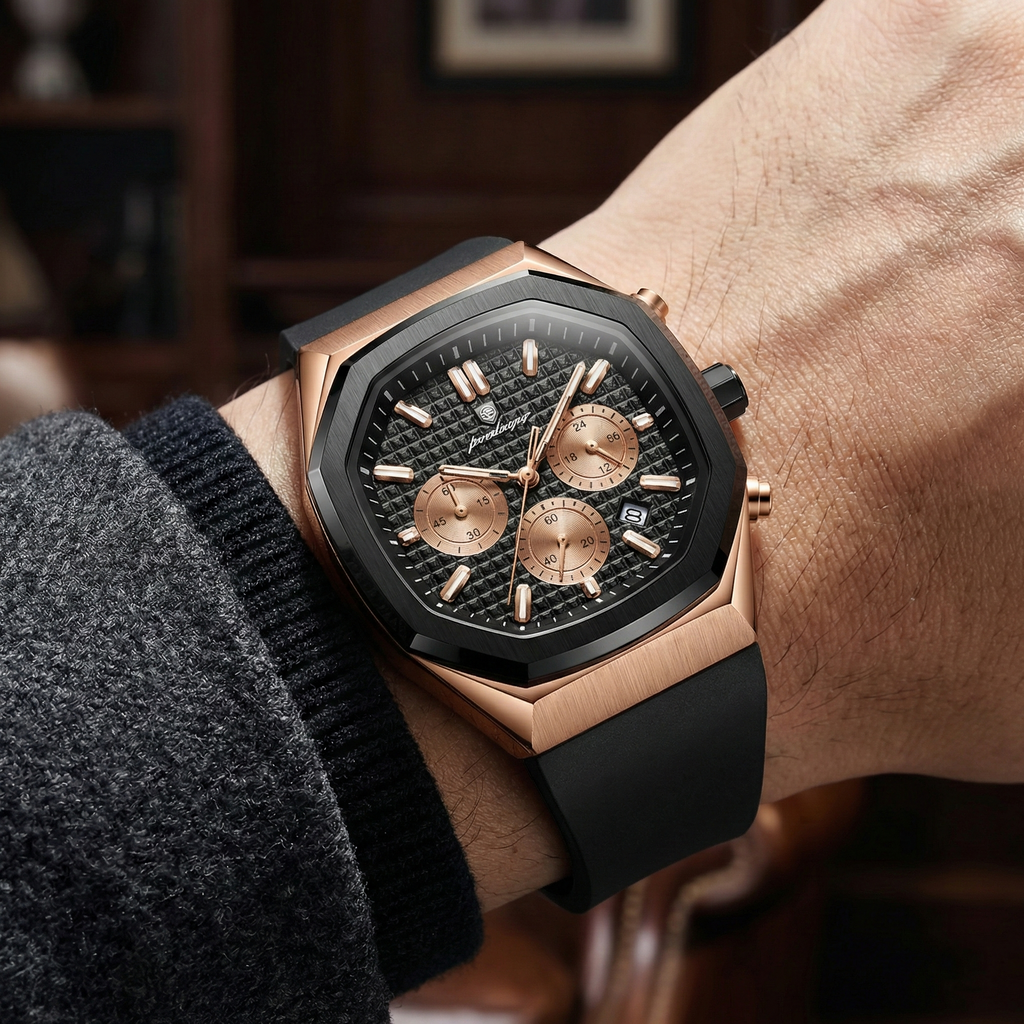 Reloj cronografo deportivo - tono negro y rose gold