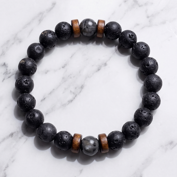 Pulsera ajustable de piedra negra - estilo lava y madera
