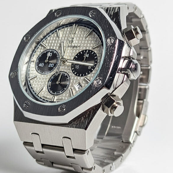 Reloj de lujo ejecutivo cronografo - tono acero y blanco panda - AltusSV | Relojes y Accesorios para Hombre