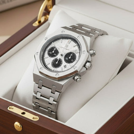 Reloj de lujo ejecutivo cronografo - tono acero y blanco panda - AltusSV | Relojes y Accesorios para Hombre