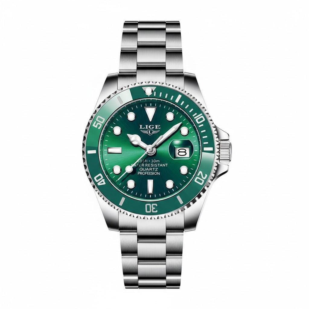 Reloj de lujo premiun estilo diver - tono acero y verde