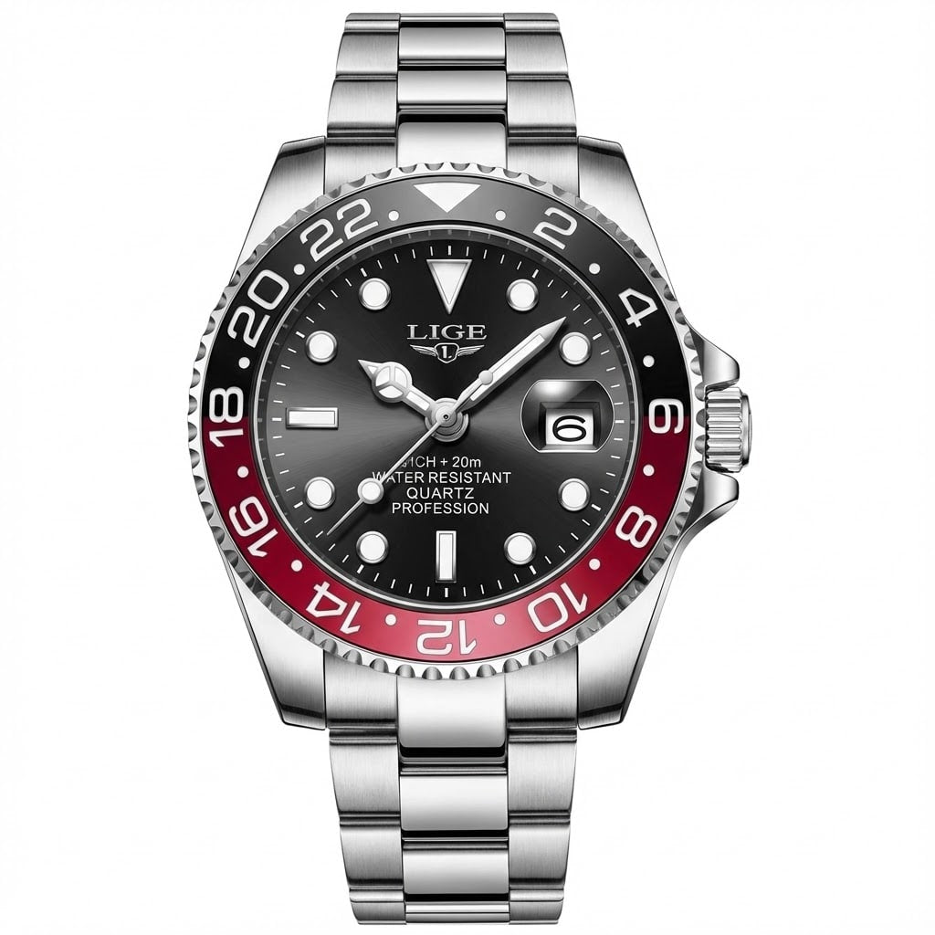 Reloj de lujo premiun estilo diver - tono acero y rojo coke